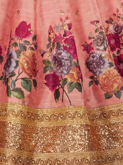 Odette Peach Silk Blend Printed Semi Stitched Lehenga With Blouse For Women