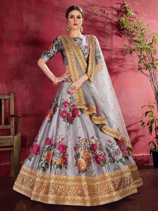 Odette Grey Silk Blend Printed Semi Stitched Lehenga With Blouse For Women