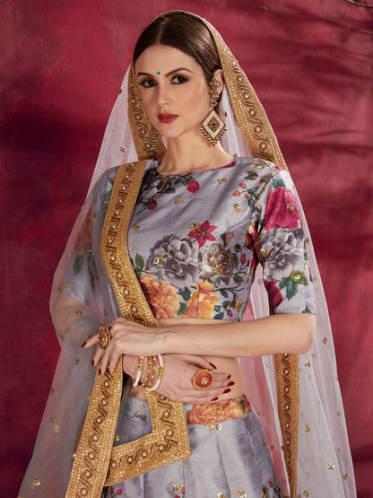 Odette Grey Silk Blend Printed Semi Stitched Lehenga With Blouse For Women