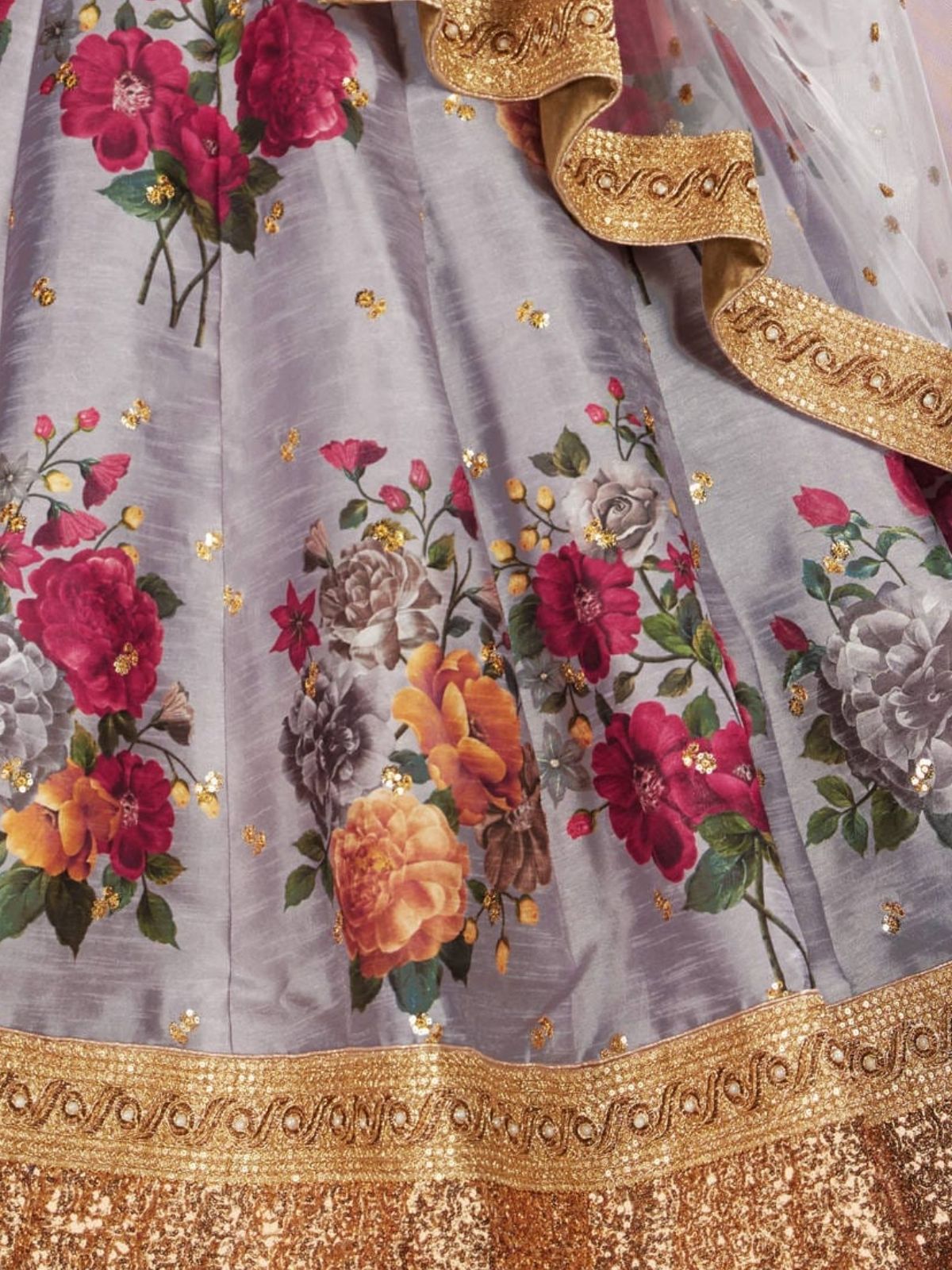 Odette Grey Silk Blend Printed Semi Stitched Lehenga With Blouse For Women