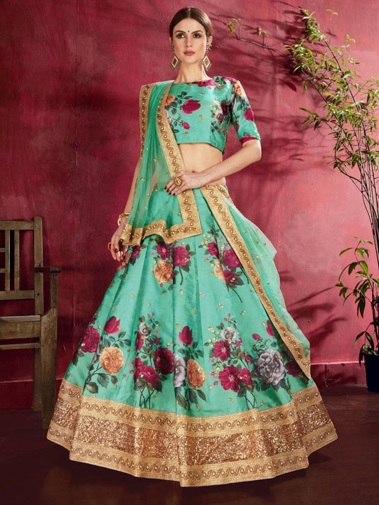 Odette Green Silk Blend Printed Semi Stitched Lehenga With Blouse For Women