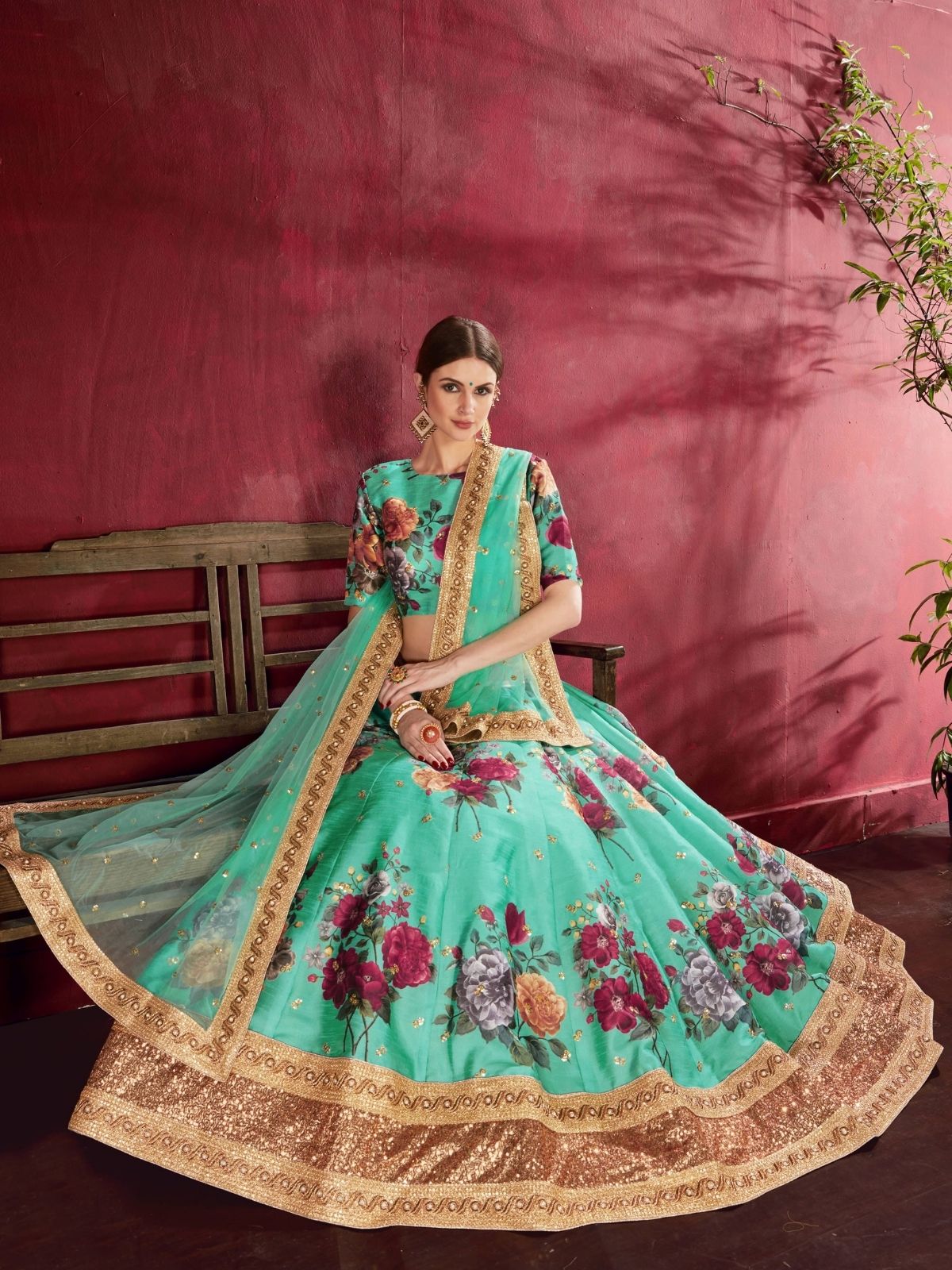 Odette Green Silk Blend Printed Semi Stitched Lehenga With Blouse For Women