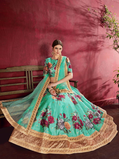 Odette Green Silk Blend Printed Semi Stitched Lehenga With Blouse For Women