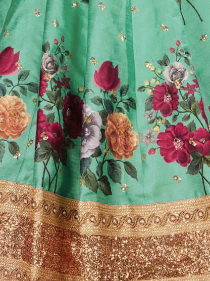 Odette Green Silk Blend Printed Semi Stitched Lehenga With Blouse For Women
