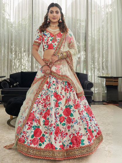 Odette White And Red Art Silk Printed Semi Stitched Lehenga With Unstitched Blouse For Women