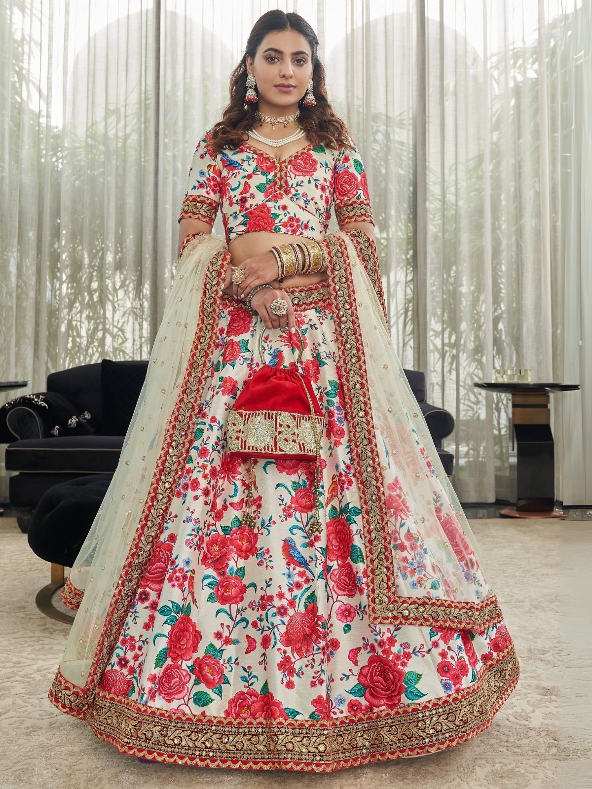Odette White And Red Art Silk Printed Semi Stitched Lehenga With Unstitched Blouse For Women