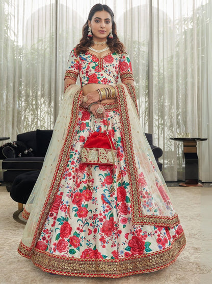 Odette White And Red Art Silk Printed Semi Stitched Lehenga With Unstitched Blouse For Women