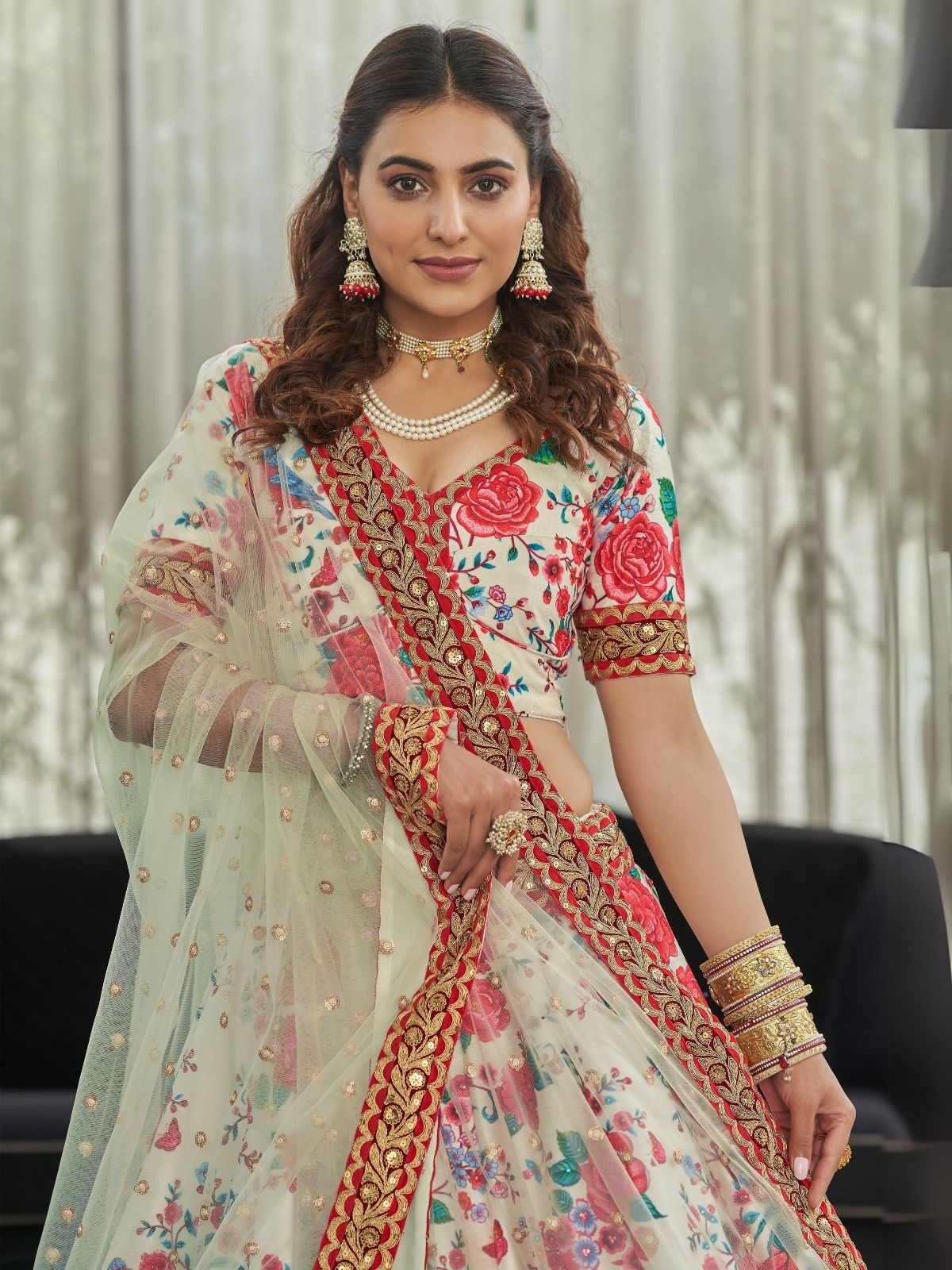 Odette White And Red Art Silk Printed Semi Stitched Lehenga With Unstitched Blouse For Women