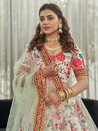 Odette White And Red Art Silk Printed Semi Stitched Lehenga With Unstitched Blouse For Women