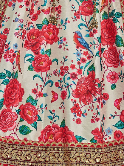 Odette White And Red Art Silk Printed Semi Stitched Lehenga With Unstitched Blouse For Women