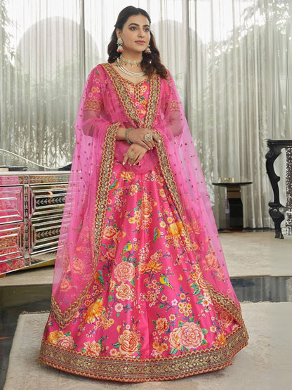 Odette Pink Art Silk Printed Semi Stitched Lehenga With Unstitched Blouse For Women