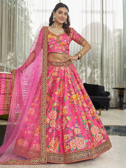 Odette Pink Art Silk Printed Semi Stitched Lehenga With Unstitched Blouse For Women