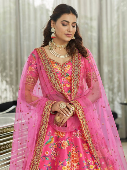 Odette Pink Art Silk Printed Semi Stitched Lehenga With Unstitched Blouse For Women