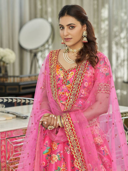 Odette Pink Art Silk Printed Semi Stitched Lehenga With Unstitched Blouse For Women