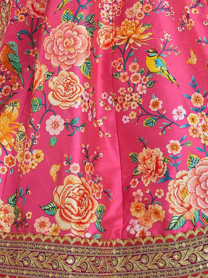 Odette Pink Art Silk Printed Semi Stitched Lehenga With Unstitched Blouse For Women