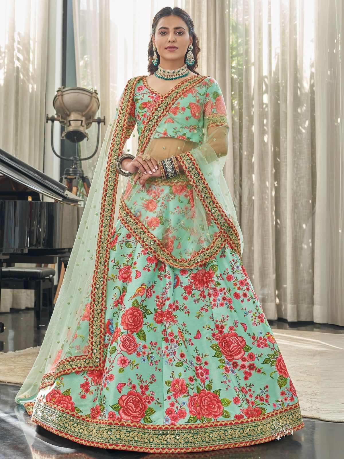 Odette Green Art Silk Printed Semi Stitched Lehenga With Blouse Unstitched For Women