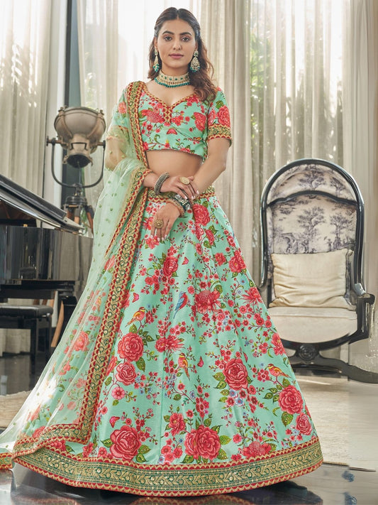 Odette Green Art Silk Printed Semi Stitched Lehenga With Blouse Unstitched For Women