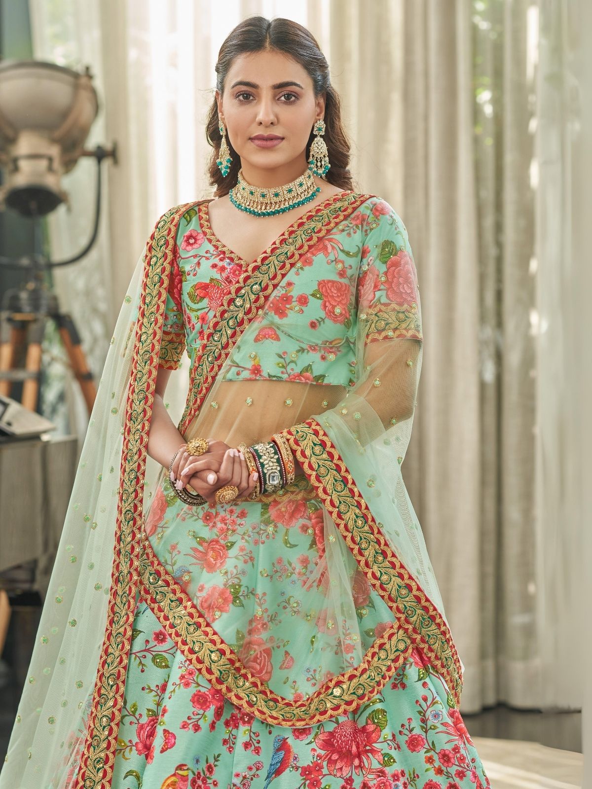Odette Green Art Silk Printed Semi Stitched Lehenga With Blouse Unstitched For Women