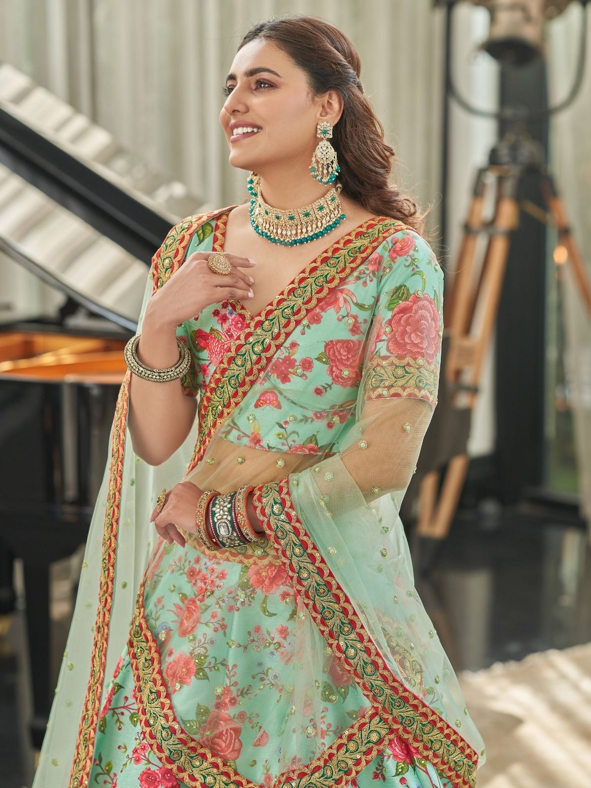 Odette Green Art Silk Printed Semi Stitched Lehenga With Blouse Unstitched For Women