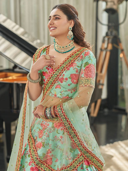 Odette Green Art Silk Printed Semi Stitched Lehenga With Blouse Unstitched For Women