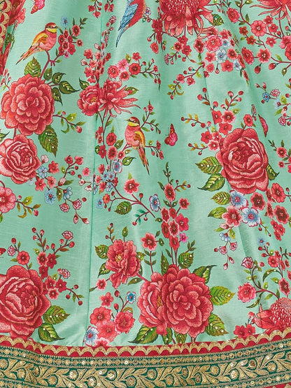 Odette Green Art Silk Printed Semi Stitched Lehenga With Blouse Unstitched For Women