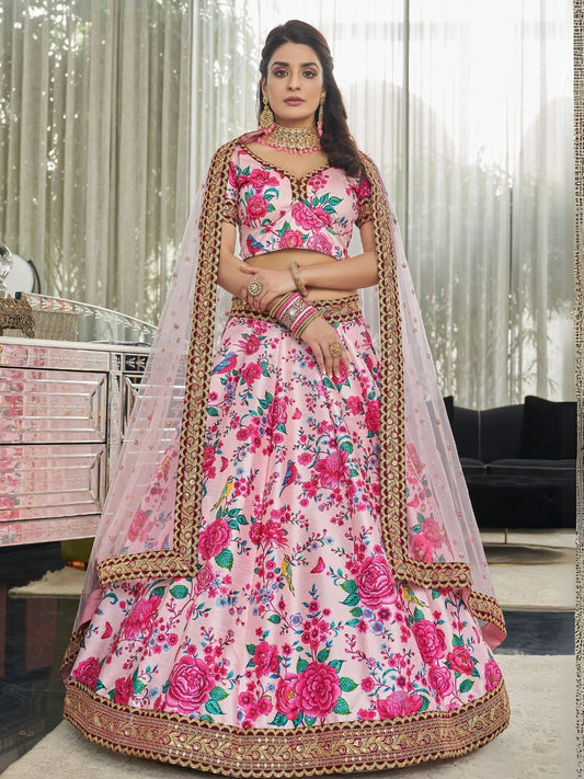 Odette Light Pink Art Silk Printed Semi Stitched Lehenga With Unstitched Blouse For Women