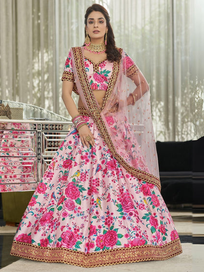 Odette Light Pink Art Silk Printed Semi Stitched Lehenga With Unstitched Blouse For Women