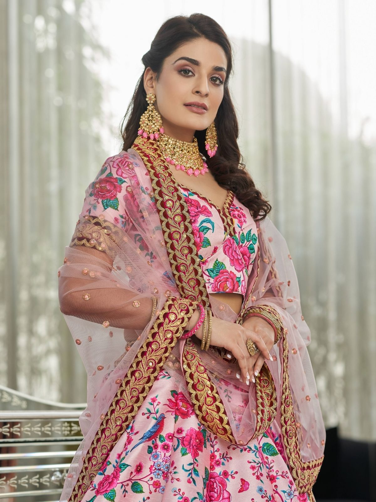 Odette Light Pink Art Silk Printed Semi Stitched Lehenga With Unstitched Blouse For Women