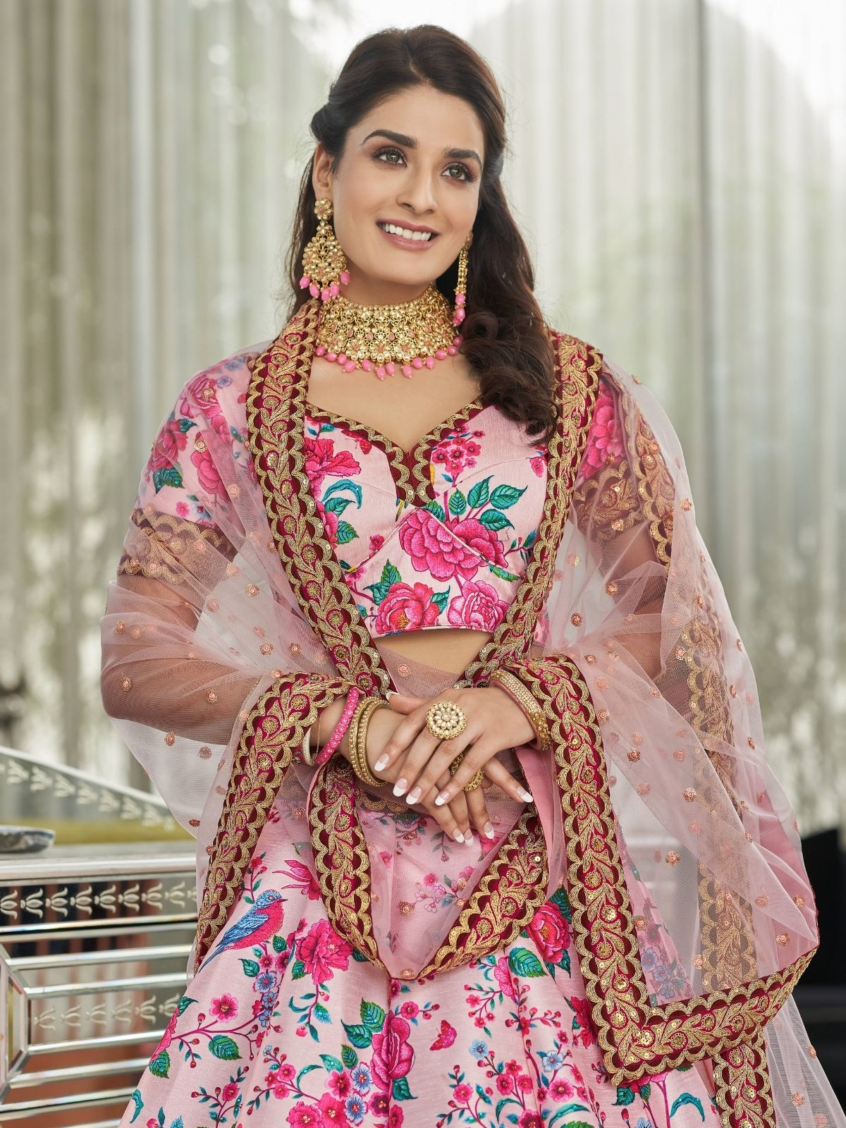 Odette Light Pink Art Silk Printed Semi Stitched Lehenga With Unstitched Blouse For Women