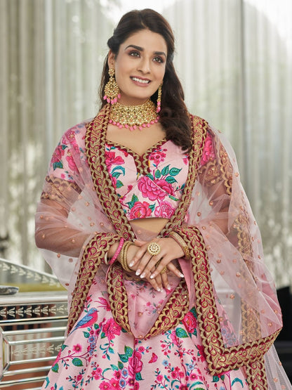 Odette Light Pink Art Silk Printed Semi Stitched Lehenga With Unstitched Blouse For Women