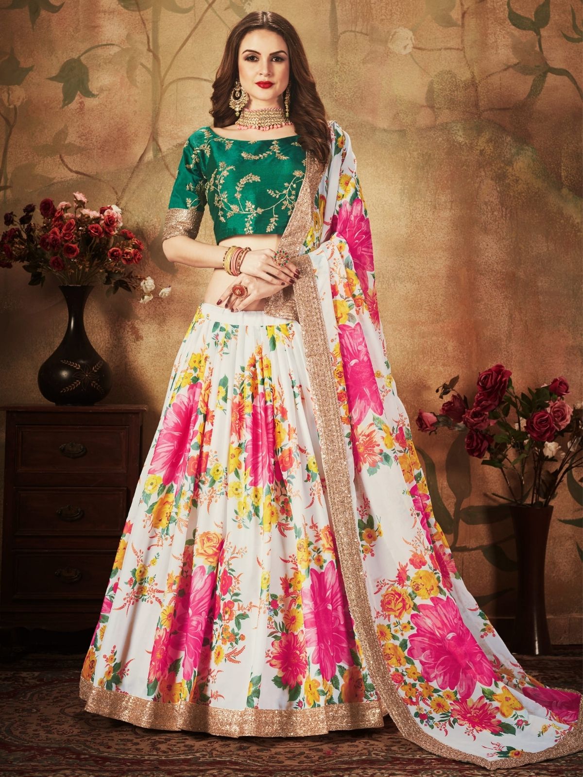 Odette White Organza Printed Semi Stitched Lehenga With Unstitched Blouse For Women