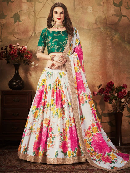 Odette White Organza Printed Semi Stitched Lehenga With Unstitched Blouse For Women