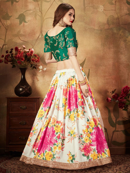 Odette White Organza Printed Semi Stitched Lehenga With Unstitched Blouse For Women
