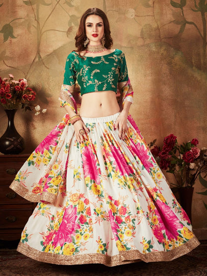 Odette White Organza Printed Semi Stitched Lehenga With Unstitched Blouse For Women