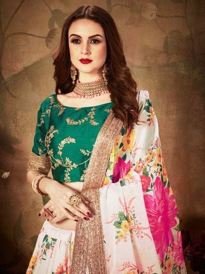 Odette White Organza Printed Semi Stitched Lehenga With Unstitched Blouse For Women