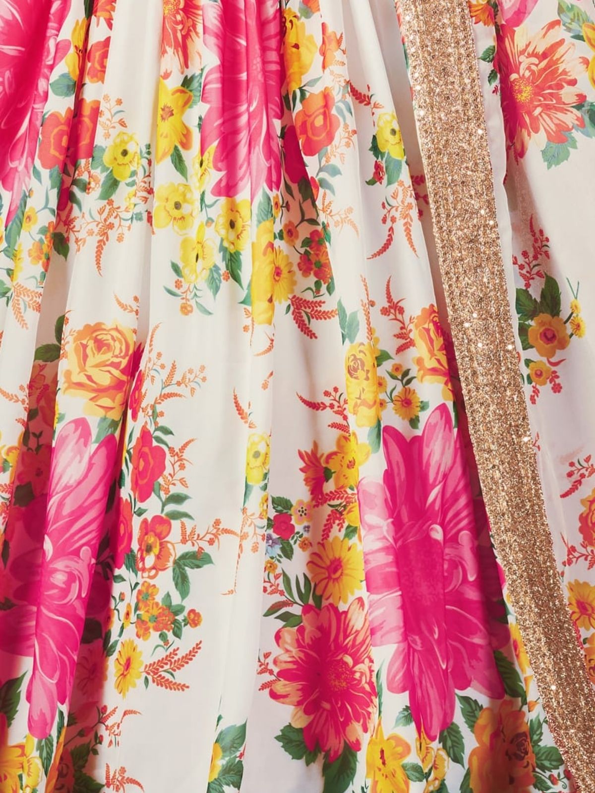 Odette White Organza Printed Semi Stitched Lehenga With Unstitched Blouse For Women