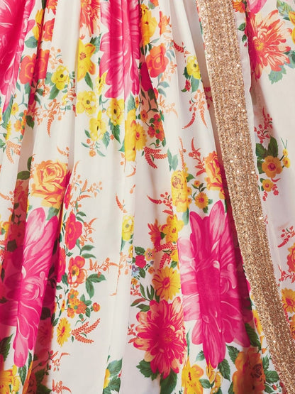 Odette White Organza Printed Semi Stitched Lehenga With Unstitched Blouse For Women