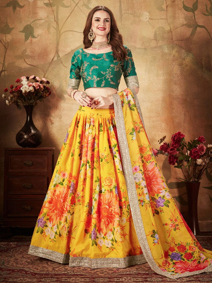 Odette Yellow Organza Printed Semi Stitched Lehenga With Unstitched Blouse For Women