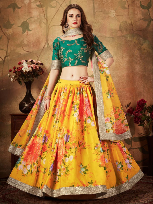 Odette Yellow Organza Printed Semi Stitched Lehenga With Unstitched Blouse For Women