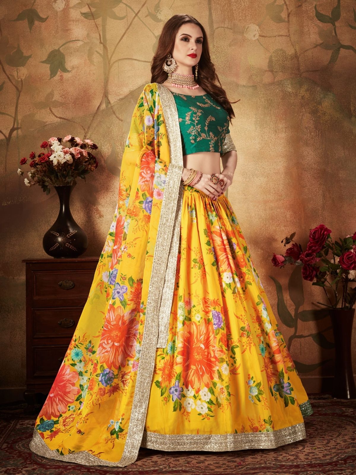 Odette Yellow Organza Printed Semi Stitched Lehenga With Unstitched Blouse For Women