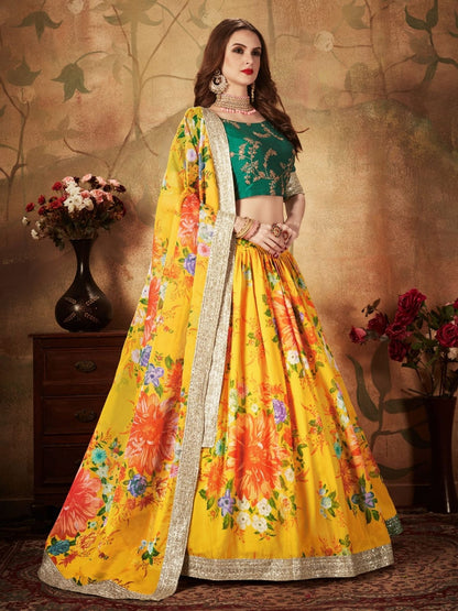 Odette Yellow Organza Printed Semi Stitched Lehenga With Unstitched Blouse For Women