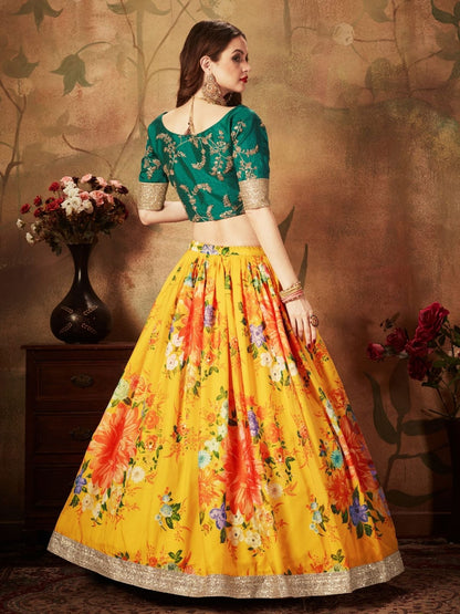 Odette Yellow Organza Printed Semi Stitched Lehenga With Unstitched Blouse For Women
