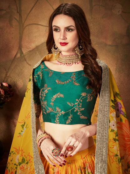 Odette Yellow Organza Printed Semi Stitched Lehenga With Unstitched Blouse For Women