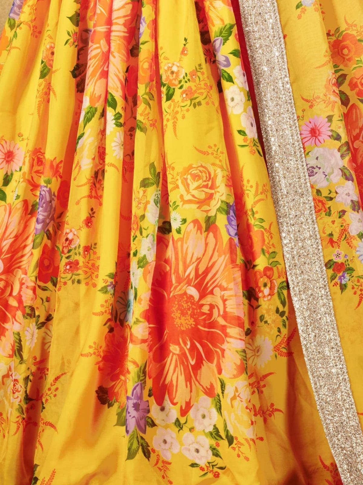 Odette Yellow Organza Printed Semi Stitched Lehenga With Unstitched Blouse For Women
