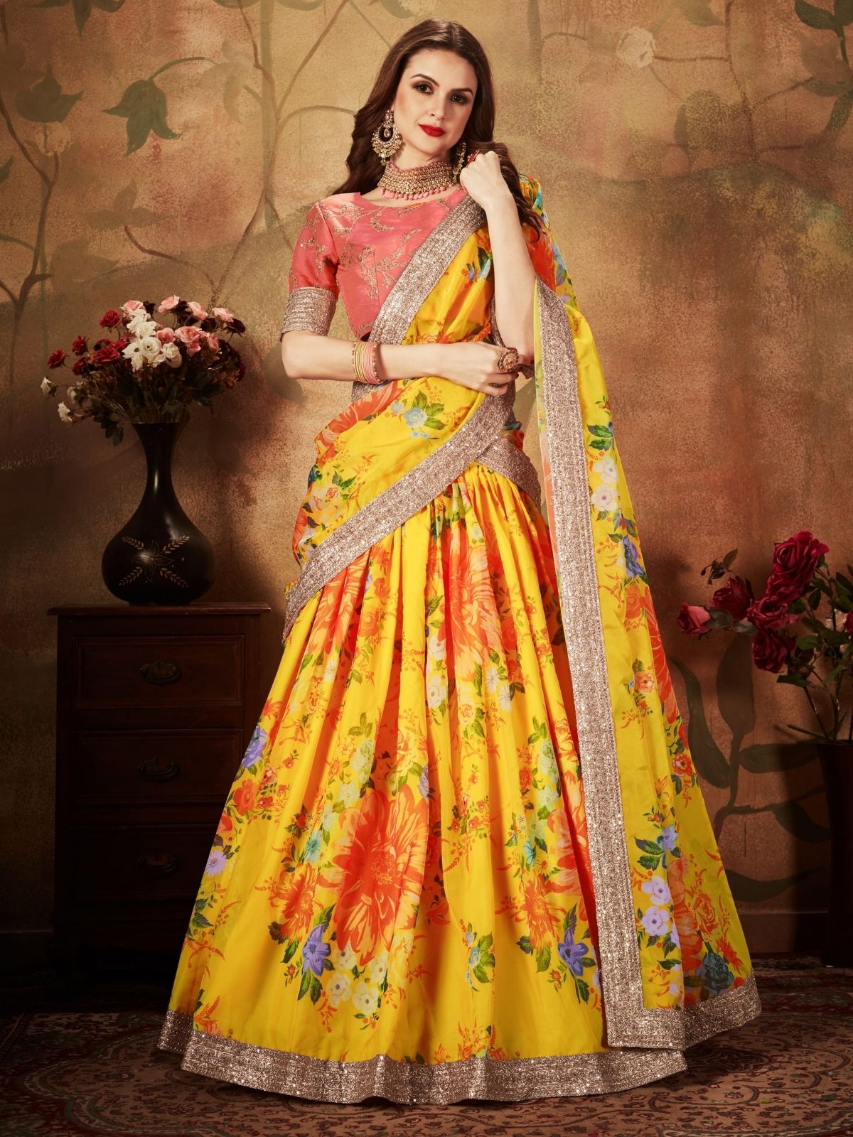 Odette Yellow Organza Printed Semi Stitched Lehenga With Unstitched Blouse For Women