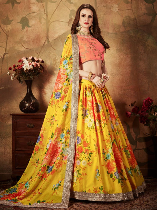Odette Yellow Organza Printed Semi Stitched Lehenga With Unstitched Blouse For Women