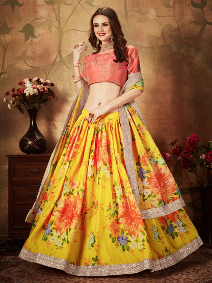 Odette Yellow Organza Printed Semi Stitched Lehenga With Unstitched Blouse For Women