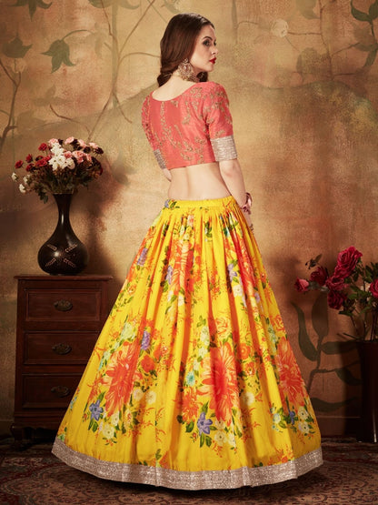 Odette Yellow Organza Printed Semi Stitched Lehenga With Unstitched Blouse For Women