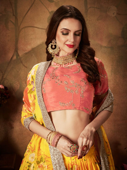 Odette Yellow Organza Printed Semi Stitched Lehenga With Unstitched Blouse For Women