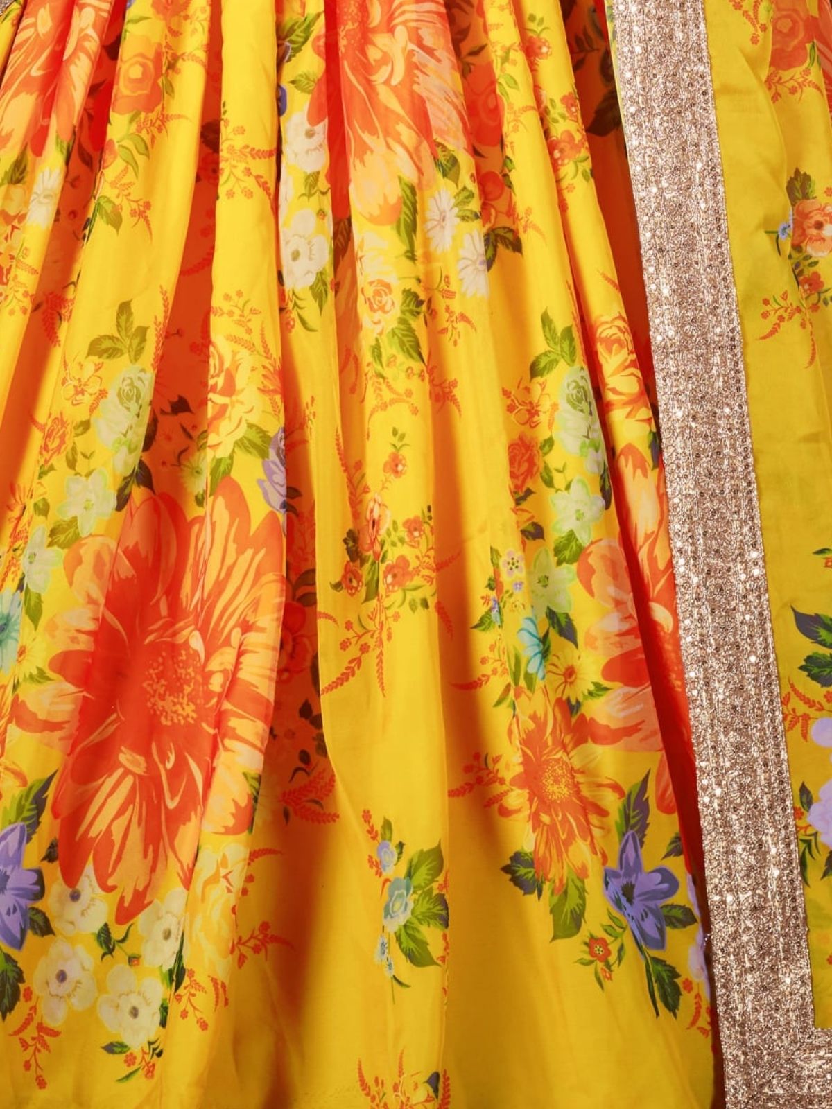Odette Yellow Organza Printed Semi Stitched Lehenga With Unstitched Blouse For Women